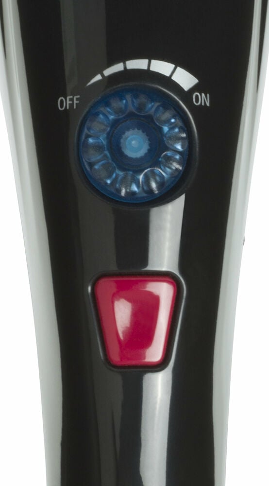 Svart massageapparat med blå knapp och röd strömbrytare.