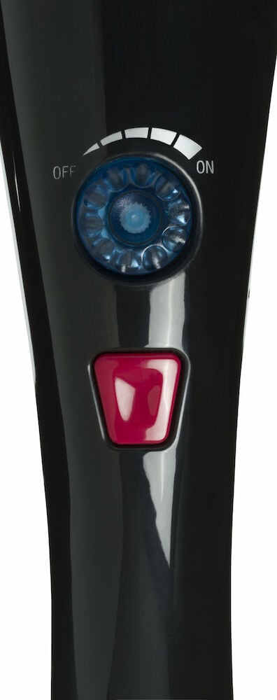 Svart massageapparat med vred och röd knapp.