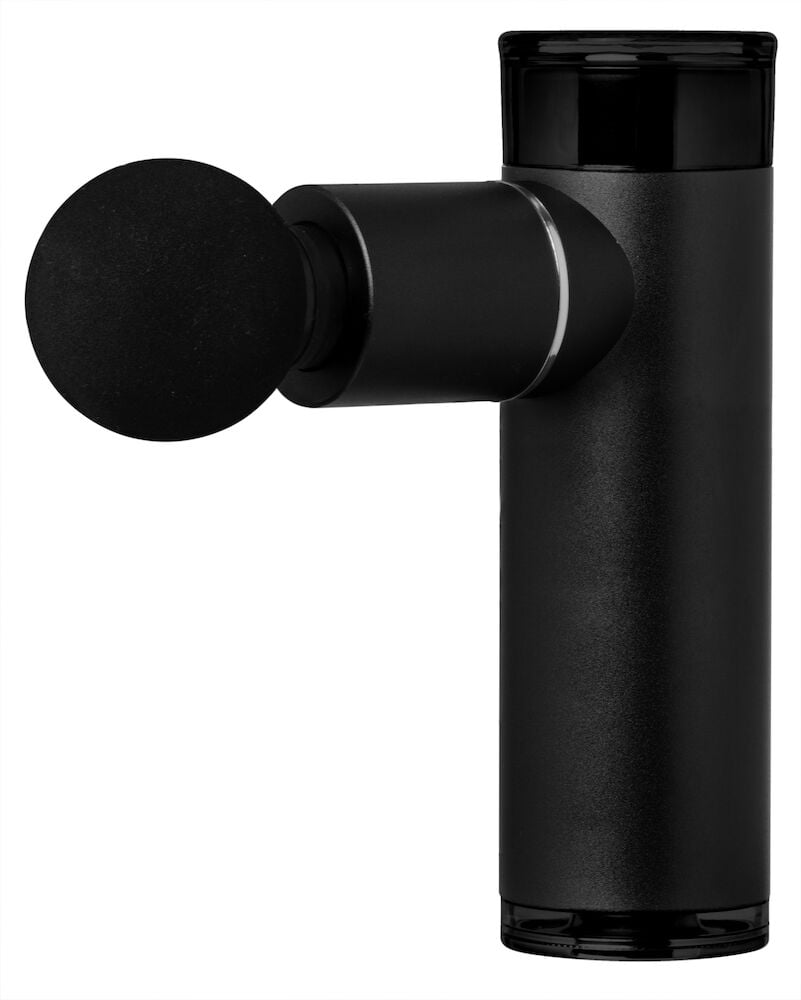 Schwarze kompakte Massagepistole mit rundem Massagekopf.