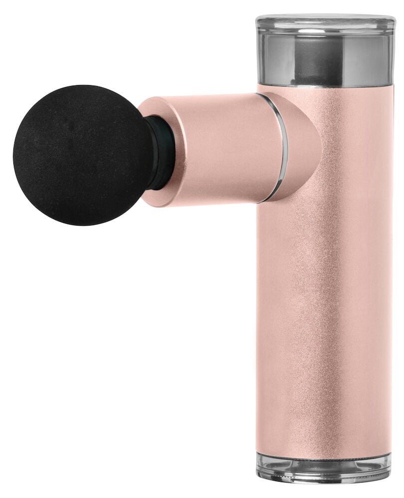 Rosa Massagepistole mit rundem schwarzem Massagekopf.