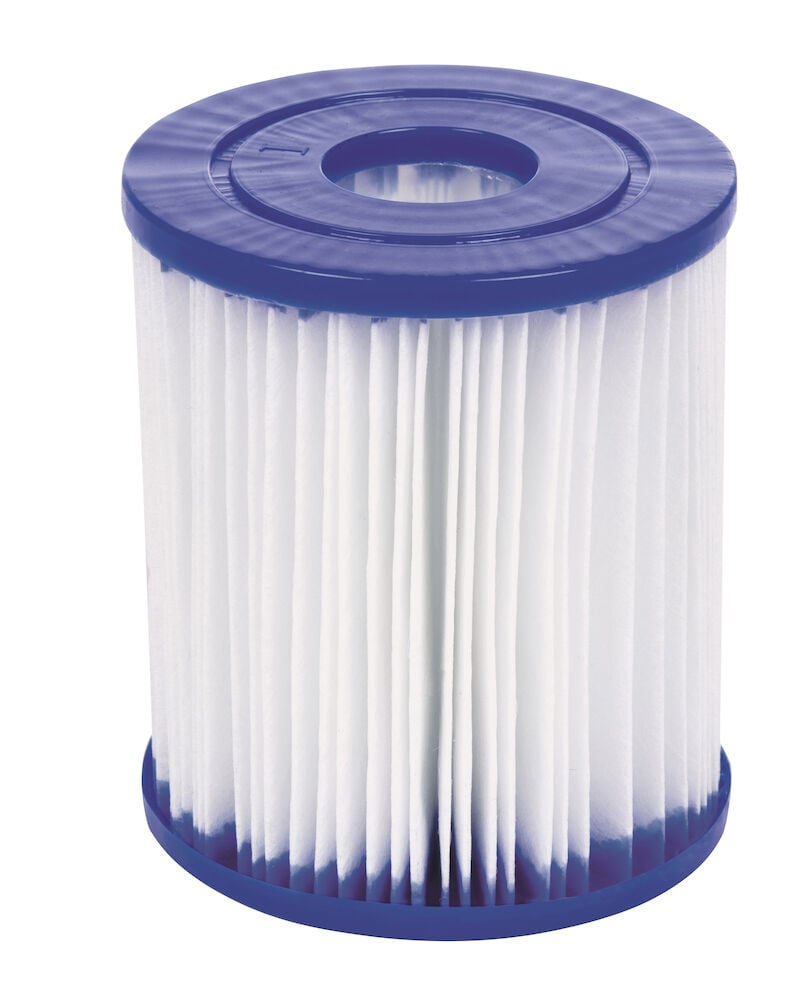 Cylindrisk vit filterpatron med blå plaständar.