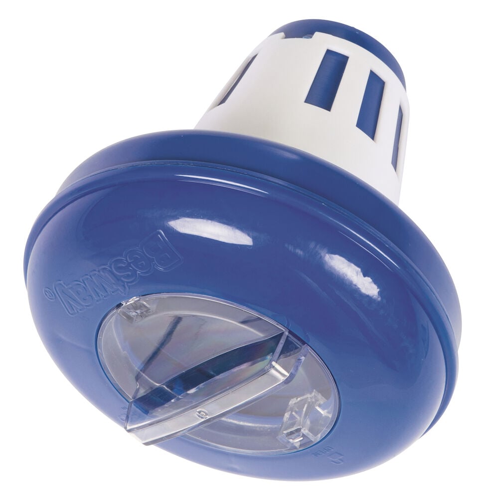 Blå och vit flytande klordispenser för pool.