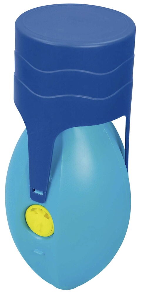 Blå och turkos flytande pooldispenser med gult vred.