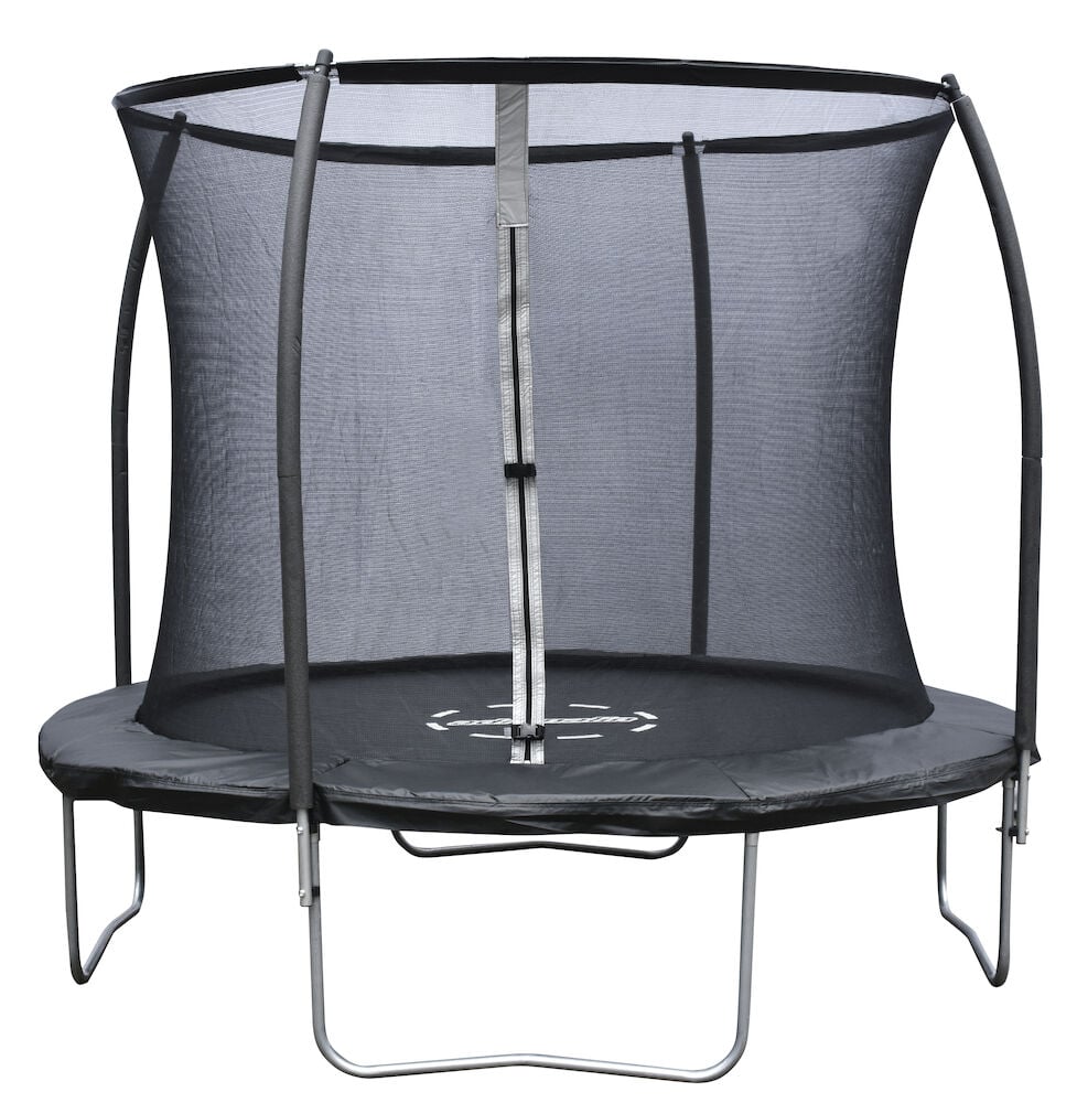 Trampoline med sikkerhetsnett og metallramme utendørs.