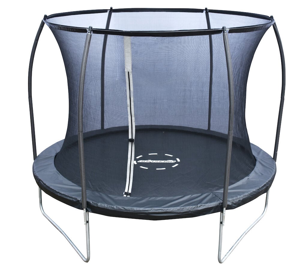 Rund trampoline med sikkerhetsnett og tre ben.
