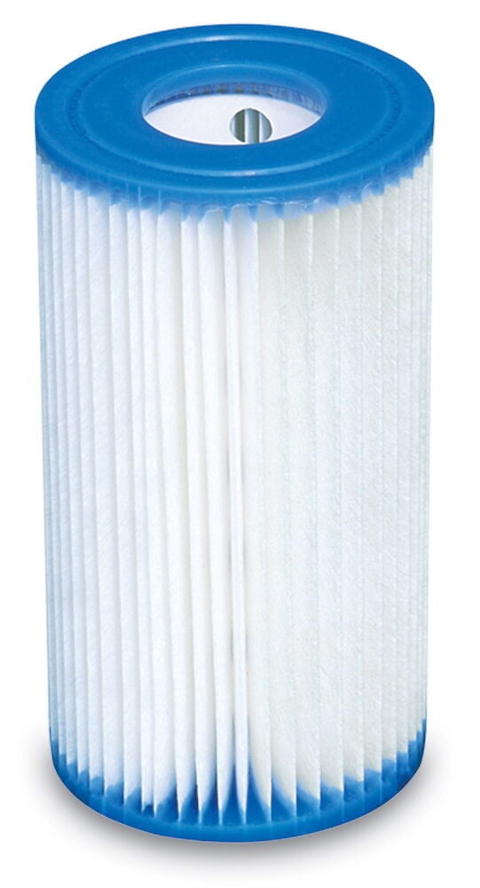 Cylindriskt vitt poolfilter med blåa ändar.