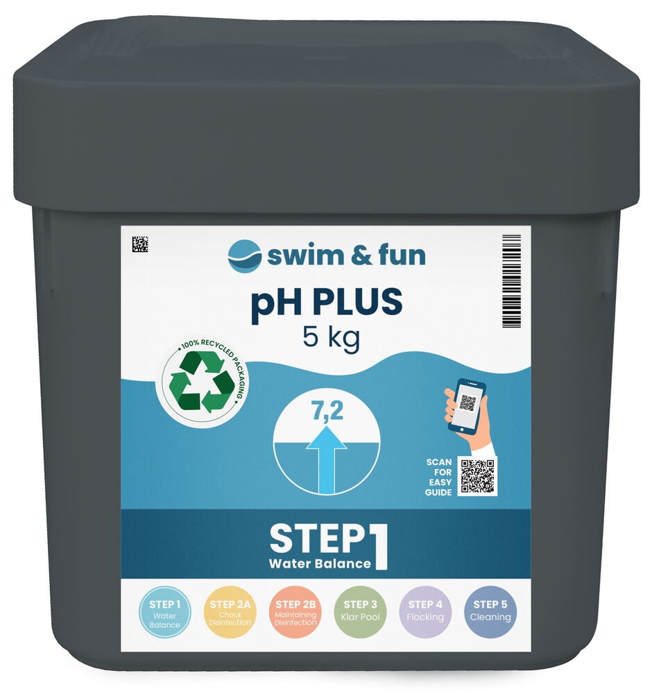 Grå plastburk med etikett för pH regulering.