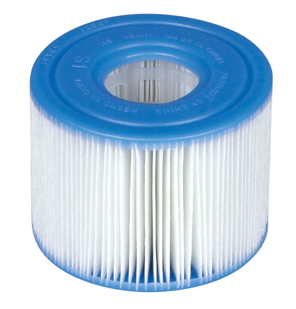 Rund vit filterpatron med blå plastlock.