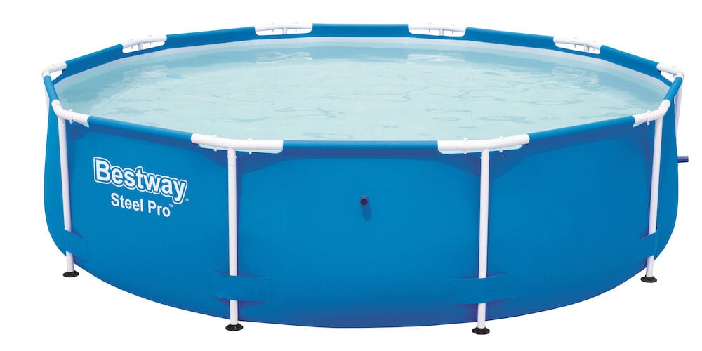 Blå rund basseng med hvite metallben og vann.