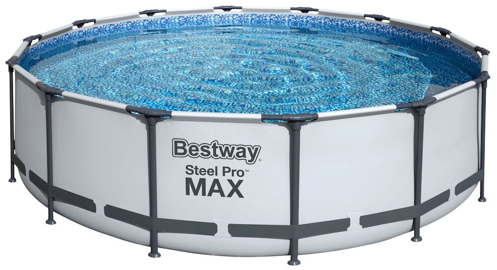 Frame-Pool, Komplettset 13030 Liter GS, weißes Äußeres, blau gemusterte Innenseite mit Wasser gefüllt.