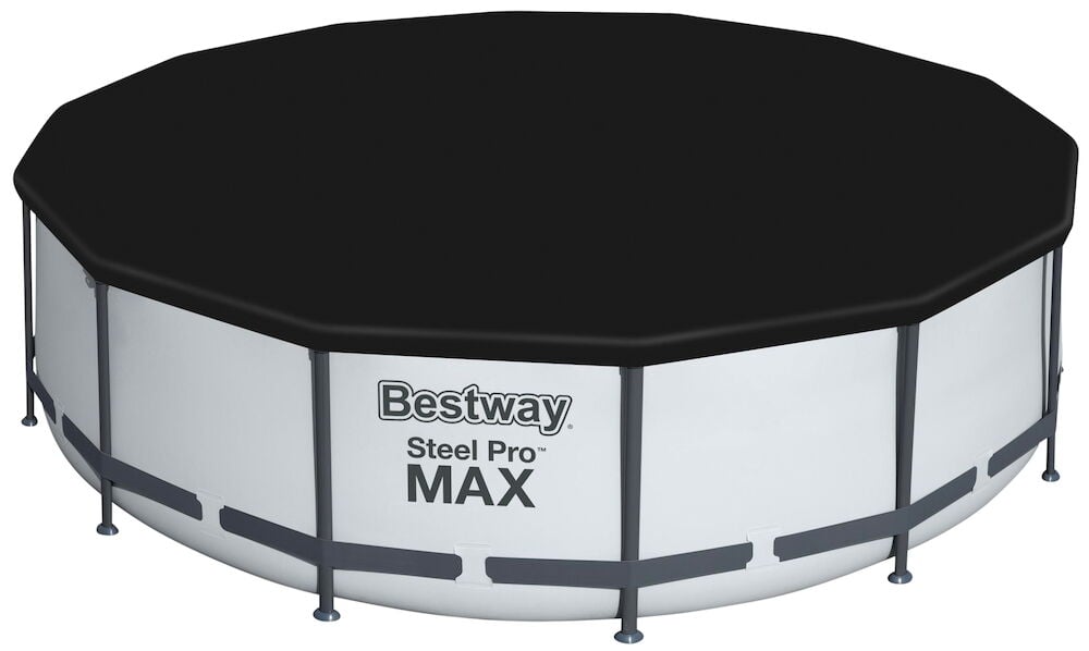 Weißer Bestway Steel Pro MAX Frame-Pool mit dunkelgrauen Stützen und schwarzer Abdeckung.
