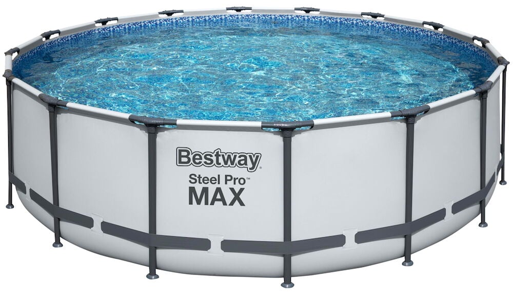 Ein runder Bestway Steel Pro MAX Frame-Pool, weiß mit dunkelgrauem Rahmen und blauem Wasser.