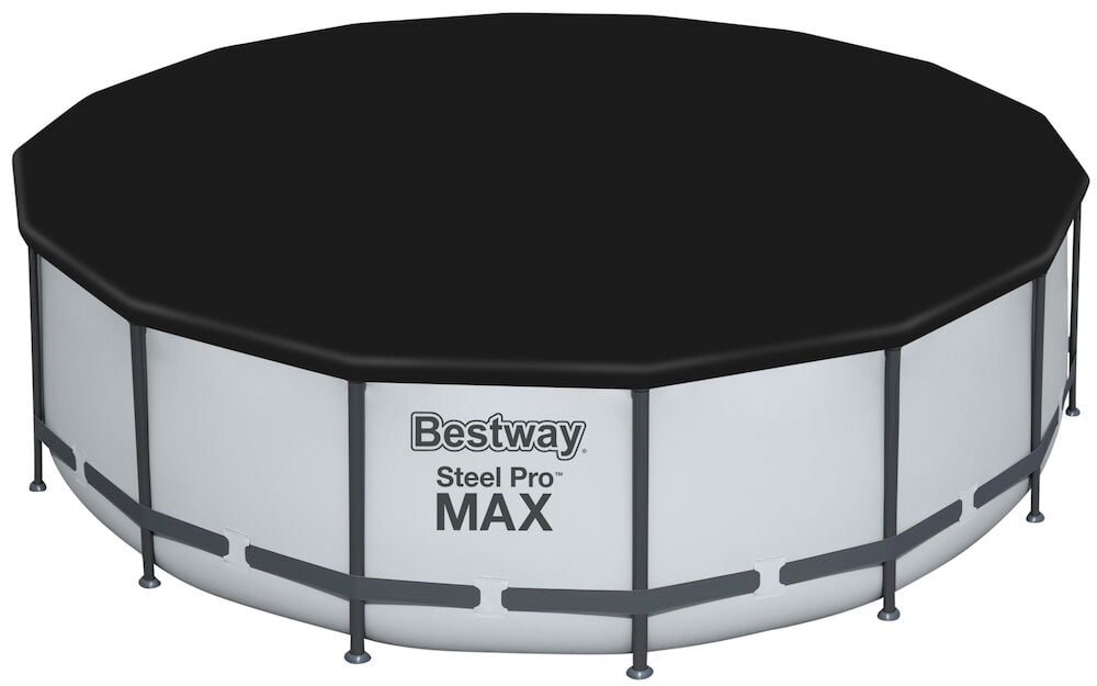 Ein schwarz bedeckter Frame-Pool, Komplettset 19480 Liter GS, mit weißen Seiten und dunkelgrauem Rahmen.