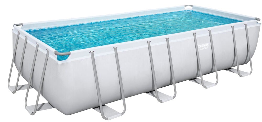 Rechteckiger weißer Pool mit pulverbeschichtetem Metallrahmen.