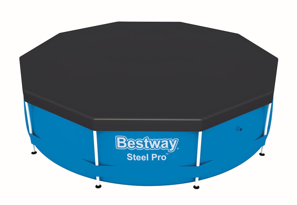 Runt svart poolöverdrag på blå rund pool.