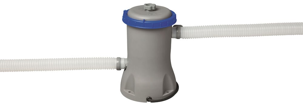 Grå filterpump med blått lock och anslutna slangar.