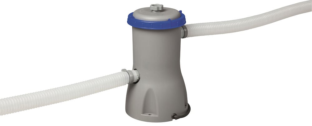 Grå filterpumpe med blått lokk og tilkoblede slanger.