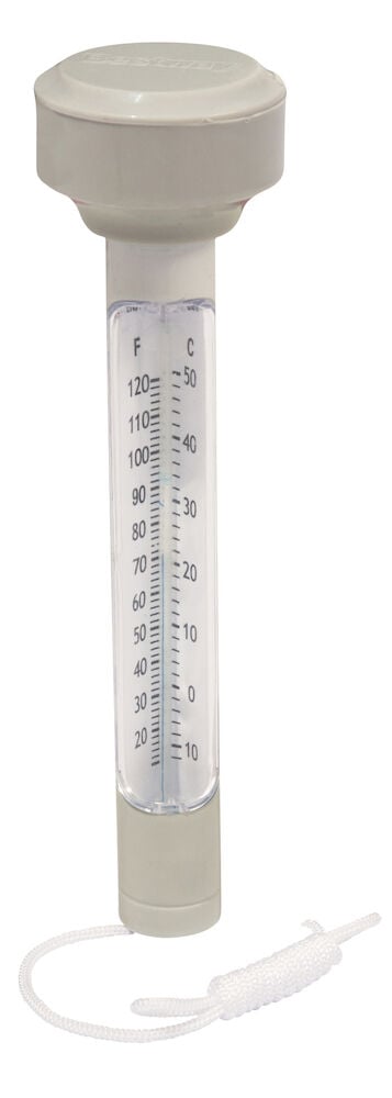 Flytande pooltermometer med snöre och tydlig display.