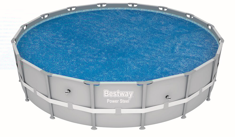 Rundt blått termooverdrag på stort overgrunnsbasseng.