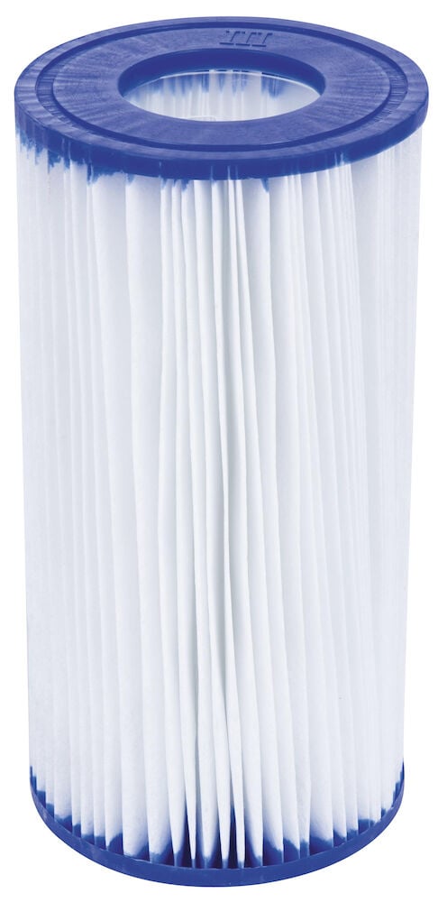 Vit veckad filterpatron med blå kanter.