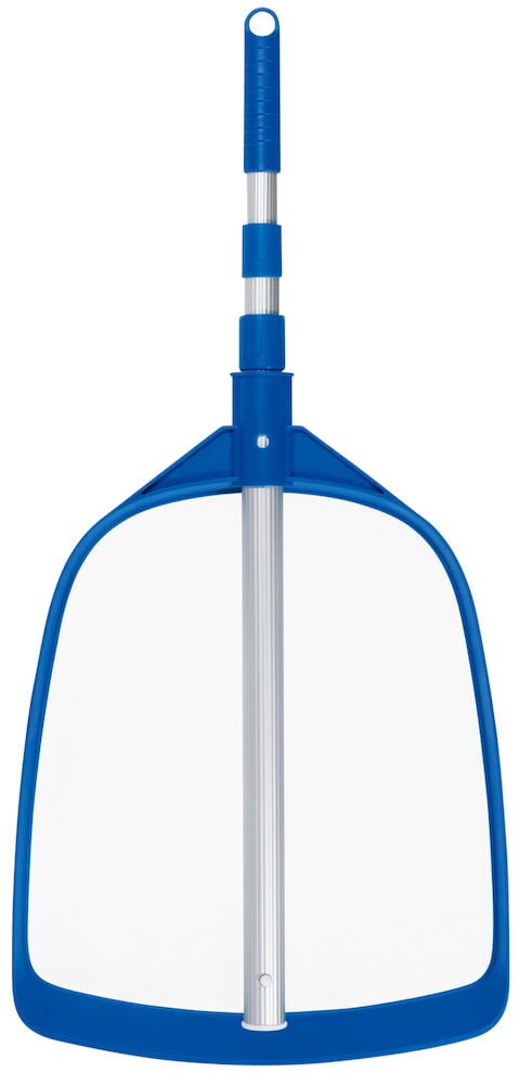 Sininen allasverkko teleskooppivarrella ja tiheäverkkoisella verkolla.