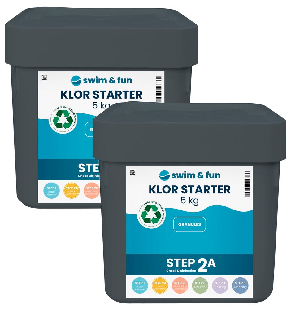 Kaksi mustaa ämpäriä etiketillä Klor Starter 5 kg.
