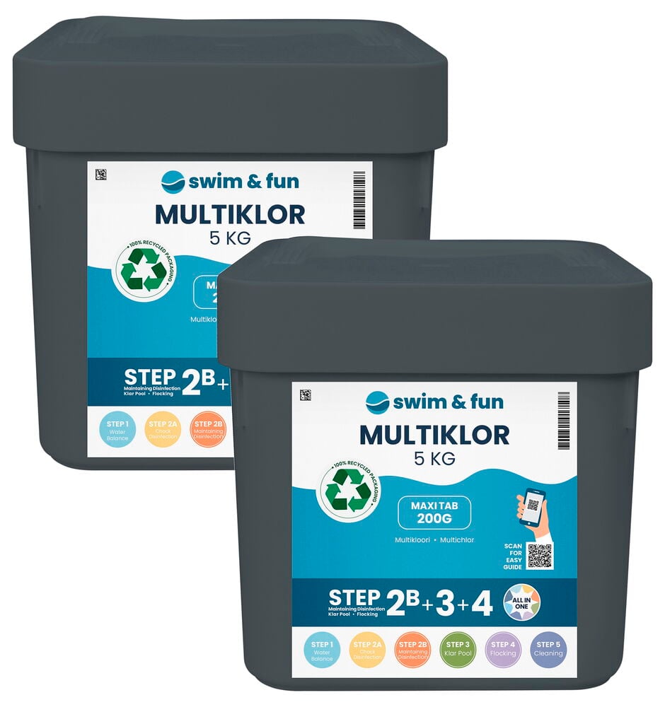 Kaksi mustaa ämpäriä, joissa on etiketti Multiklor 5 kg.