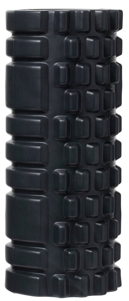 Svart skumgummirulle med mönstrad yta för massage.