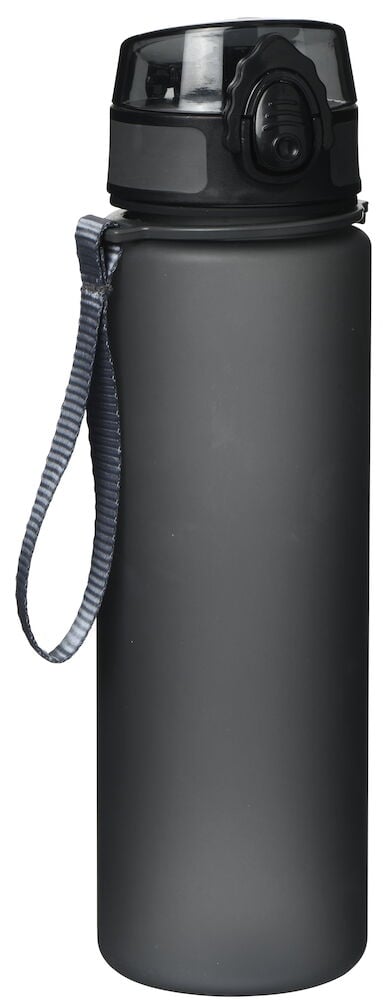 Svart vattenflaska med bärrem och tätt lock.