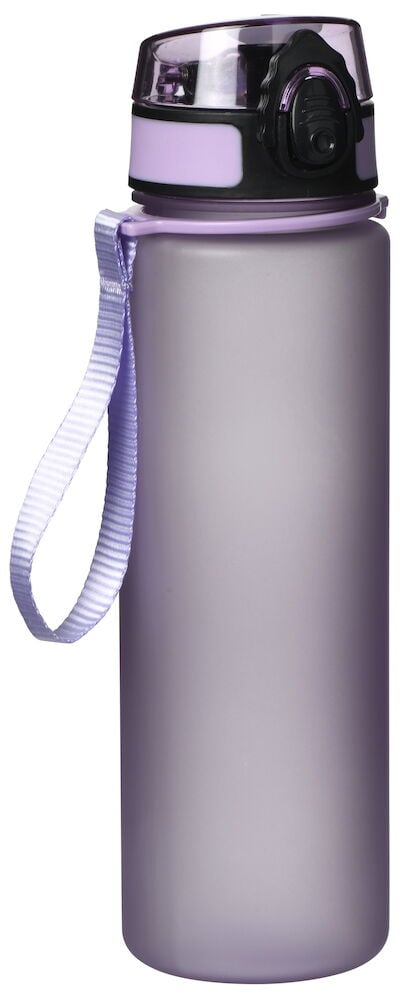 Lila vattenflaska med lock och bärrem.