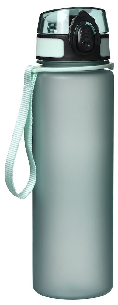 Grön vattenflaska med lock och bärrem.