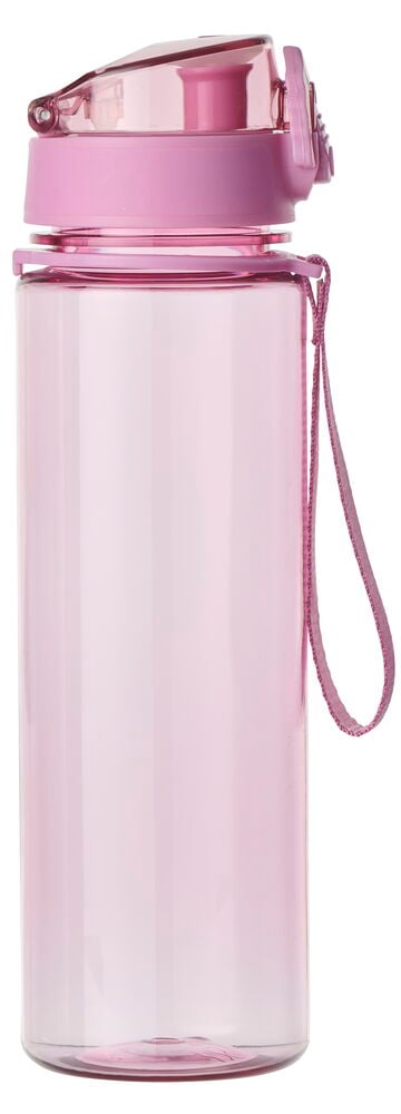 Rosa Ecozen BPA-fritt vannflaske med gjennomsiktig kropp, rosa flipplokk og matchende rosa bærerem.