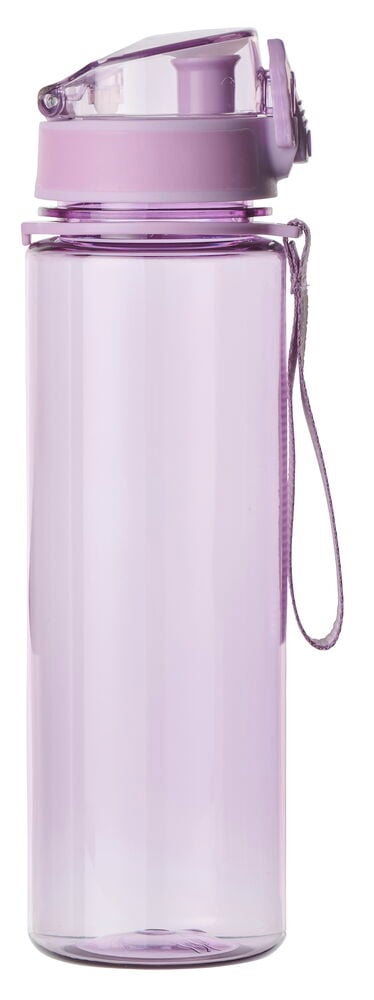Eine transparente lila Wasserflasche mit einem helleren lila Deckel, einer klaren Klappe und einem Trageband.