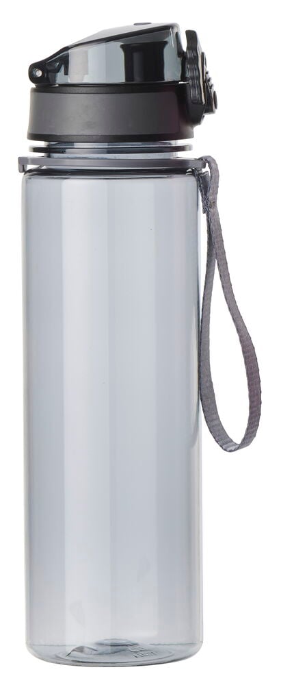 Schwarze Ecozen BPA-freie 500 ml Wasserflasche mit durchsichtigem grauem Korpus, schwarzem Klappdeckel und grauem Riemen.
