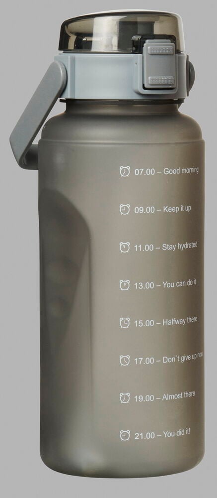 Grå vattenflaska med handtag och motiverande tidsmarkeringar.