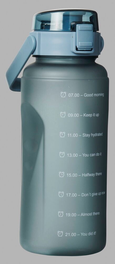 Stor blå vattenflaska med handtag och tidmarkeringar.