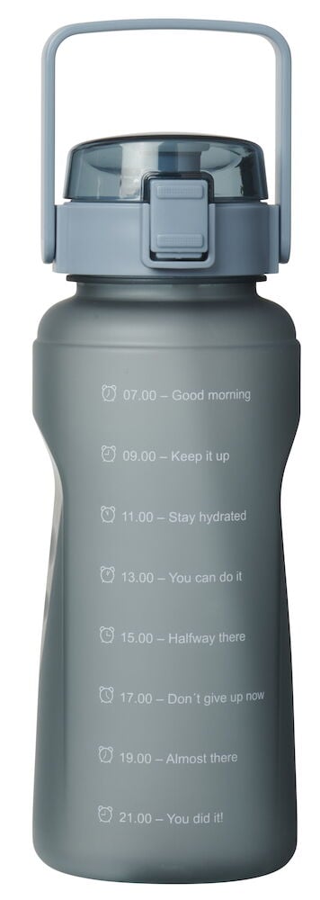 Stor vattenflaska med handtag och inspirerande tidsmarkörer.