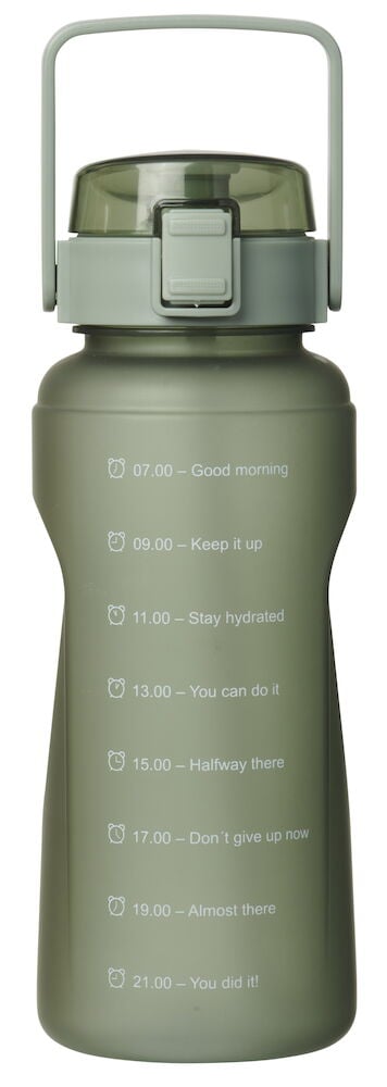 Grön vattenflaska med handtag och motiverande tidsmarkeringar.