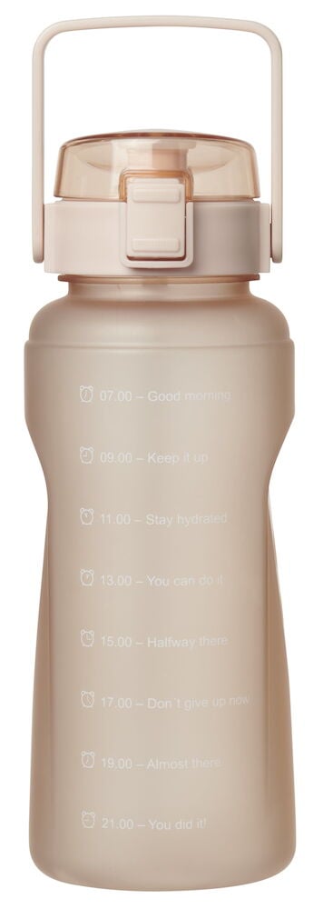 Beige vattenflaska med handtag och inspirerande tidmarkeringar.