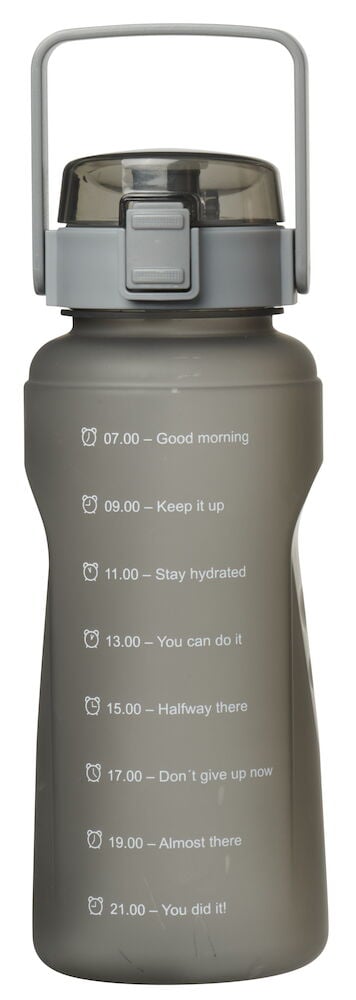 Stor vattenflaska med handtag och inspirerande tidsmarkeringar.