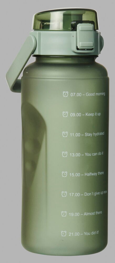 Grön vattenflaska med handtag och inspirerande tidsmarkeringar.