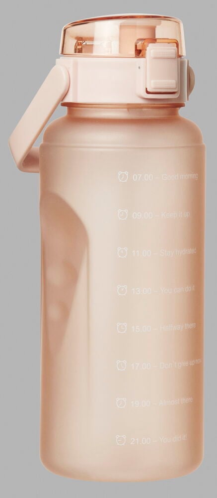 Rosa vattenflaska med handtag och motiverande tidmarkeringar.