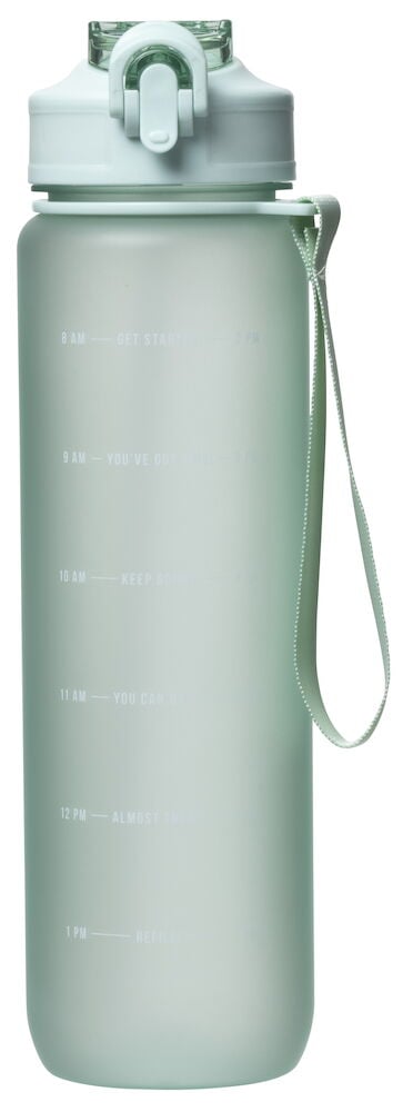 Ljusgrön vattenflaska med bärrem och sugrör.