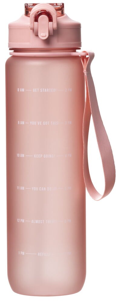 Rosa vattenflaska med sugrör och bärrem.