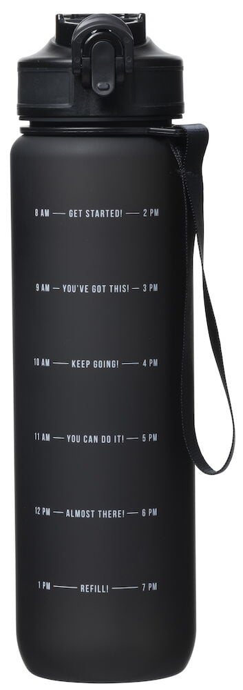 Svart vattenflaska med bärrem och motiverande text.
