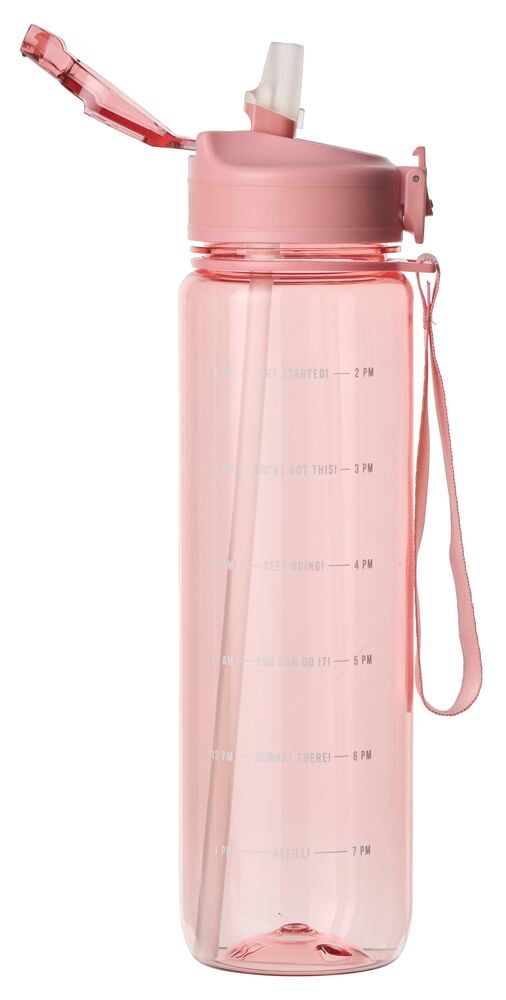 Rosa 1 Liter Wasserflasche mit Klappdeckel, integriertem Strohhalm, Zeitmarkierungen und Tragegurt.