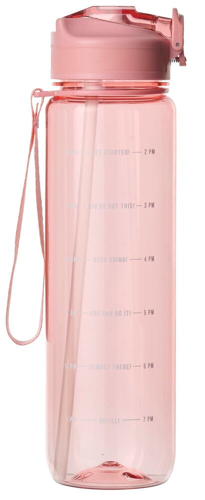 Rosa 1 Liter Ecozen BPA-freie Wasserflasche mit dunkelrosa Klappdeckel, Strohhalm und Zeitmarkierungen.