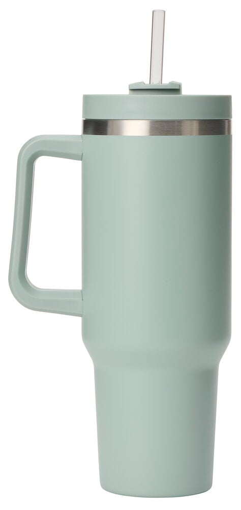 Vaaleanvihreä muki kahvalla, kannella ja pillillä.