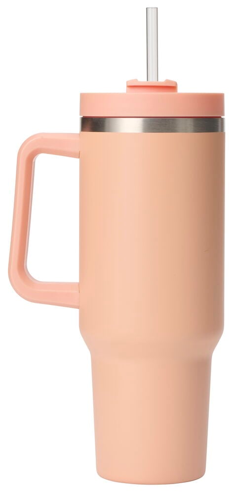 Vaaleanpunainen termosmuki kahvalla ja pillillä.