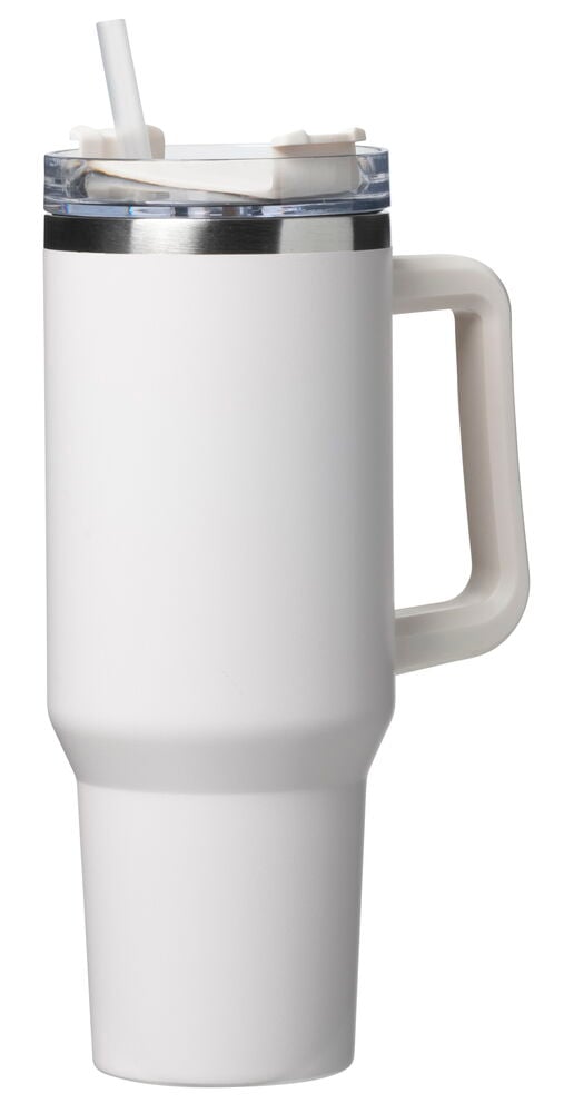 Vit tumbler med handtag och genomskinligt lock.
